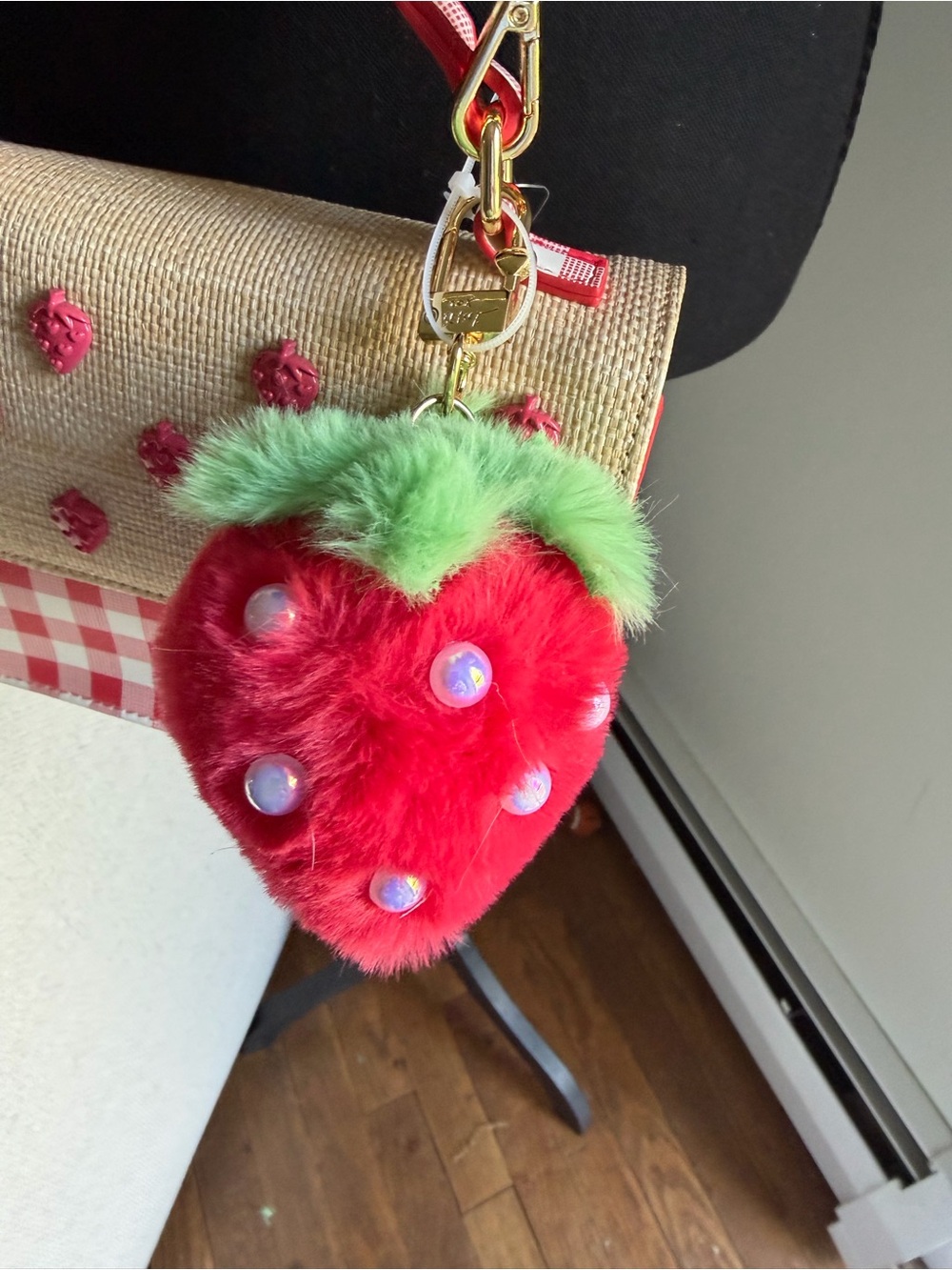 Betsey Johnson Red and White Gingham Crossbody with Strawberry Charm - Picture 3 of 5